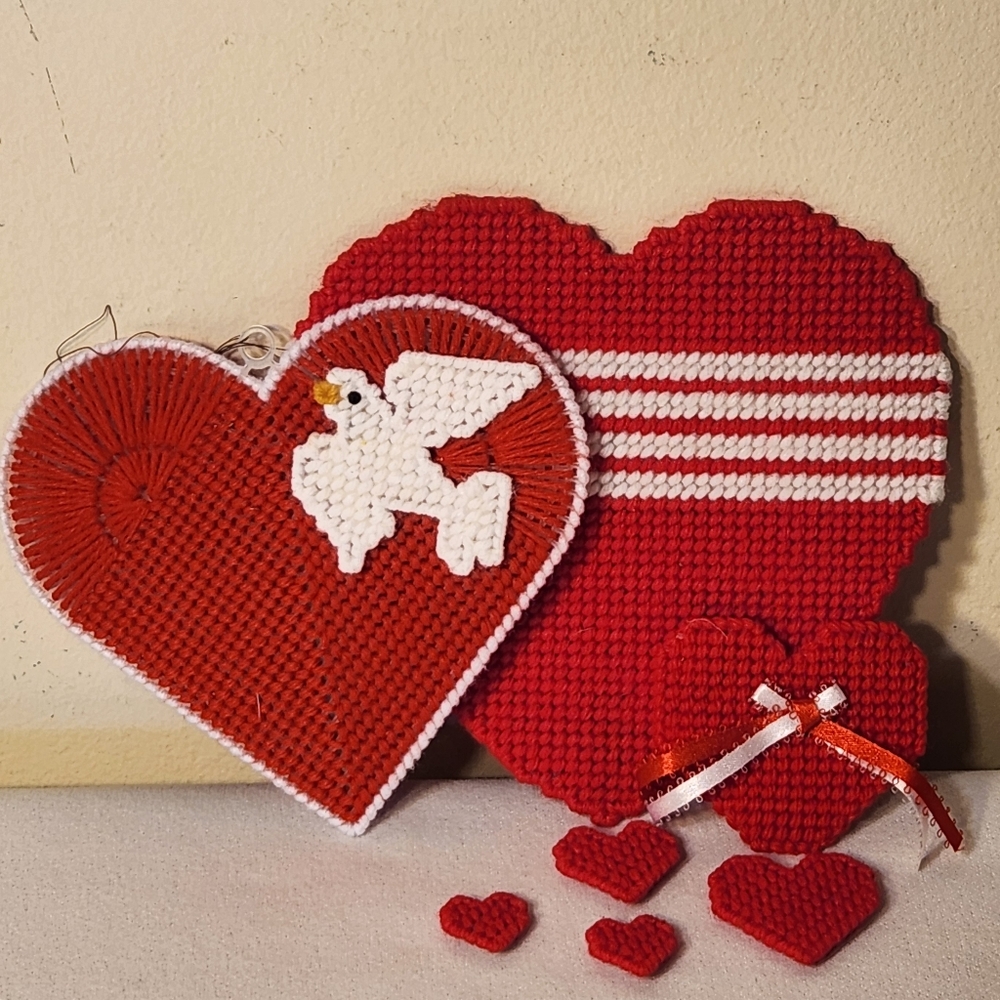 Seven Vintage Plastic Canvas Valentines Day Heart Magnets and Hangng Heart decor